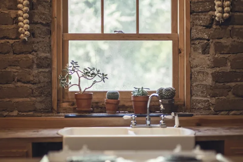 A kitchen sink under a bright window with herbs on the sill